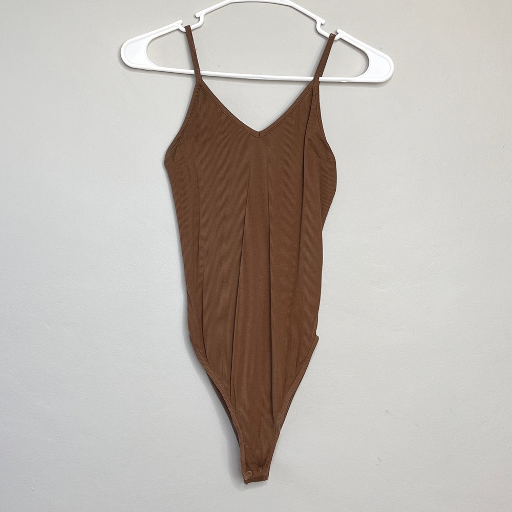 AGOLDE Womens‎ Spaghetti Strap Bodysuit Ribbed Knit V-Neck Brown
